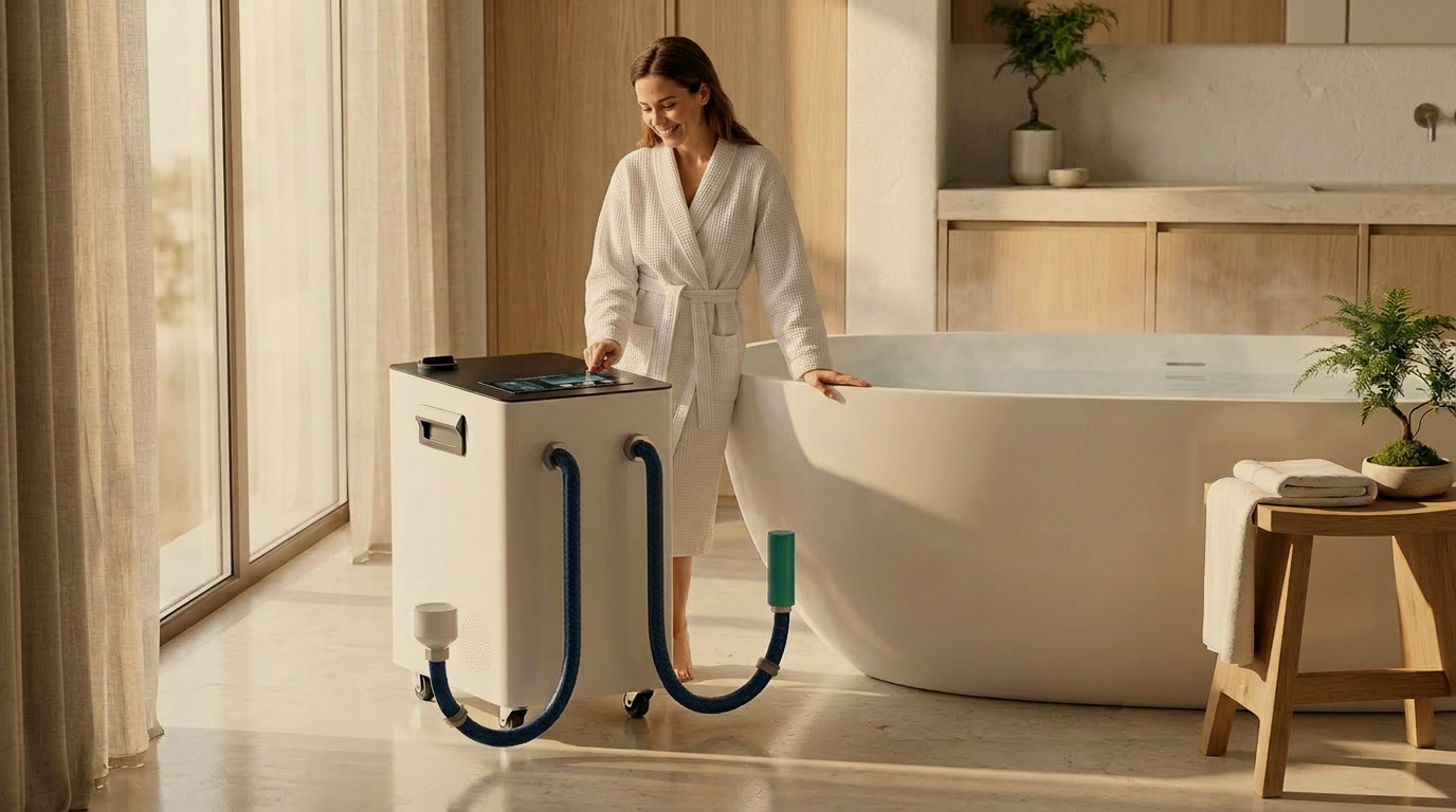HERO Bath hydrogen bath system connected to a freestanding bathtub in a warm, naturally lit bathroom.