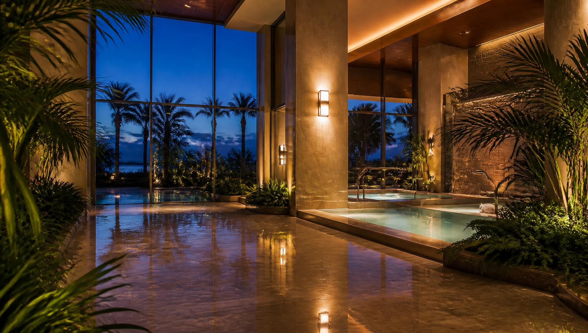 Empty luxury hotel spa wet area at dusk — warm sconce lighting, marble detailing, reflective floor and palms against a twilight sky